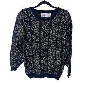 VTG Worthington Black/Gold Floral Print Crewneck Sweater Sz M